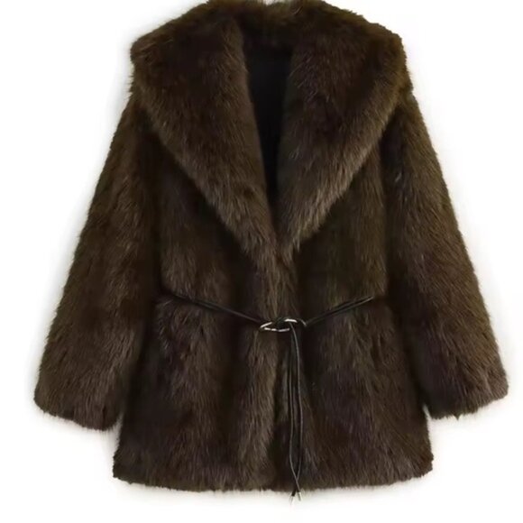 Women's Faux Fur Coat belted shaggy coat- chocolate Brown - Picture 8 of 10